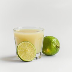 Medium shot of Soursop fruit juice in a glass near the Soursop fruit, isolated on a white background, 