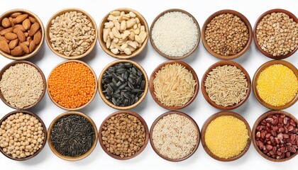 Various types of food grains, beans, seeds, nuts and corns on small bowls isolated on white background for mockup design. Whole grains, Organic foods