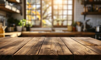 Wall Mural - Wooden table on blurred kitchen bench background. Empty wooden table and blurred kitchen background, Generative AI