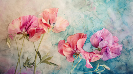 Wall Mural - Watercolor whimsical sweet peas using layering (glazing), creating depth with rich colors, textured paper background