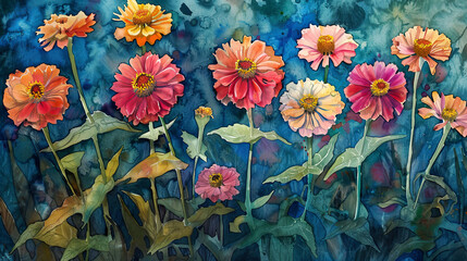 Wall Mural - Watercolor whimsical zinnias using layering (glazing), deep and rich colors, textured paper background