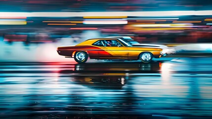 Wall Mural - Dynamic and high-action scene of drag racing event, cars speeding down the strip