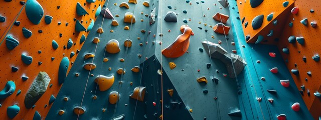 Action-packed scene of an indoor rock climbing gym, with climbers scaling walls and boulders