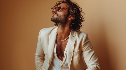 Wall Mural - Handsome confident model. Arabian man dressed in elegant beige suit. Fashion male with long curly hairstyle posing near beige wall in studio.