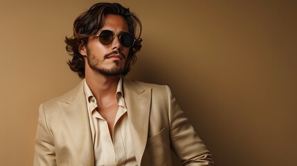 Wall Mural - Handsome confident model. Arabian man dressed in elegant beige suit. Fashion male with long curly hairstyle posing near beige wall in studio. 