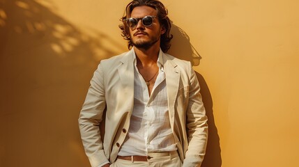 Wall Mural - Handsome confident model. Arabian man dressed in elegant beige suit. Fashion male with long curly hairstyle posing near beige wall in studio. 