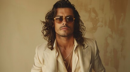 Wall Mural - Handsome confident model. Arabian man dressed in elegant beige suit. Fashion male with long curly hairstyle posing near beige wall in studio. 