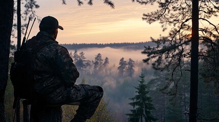 Hunter in camouflage waiting patiently in a tree stand at dawn, with a misty forest and early morning light creating a serene and focused atmosphere