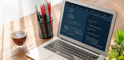 Software development programming on computer screen for modish application and program coding