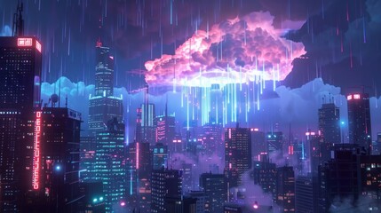 Canvas Print - Cyberpunk Cityscape with Neon Rain