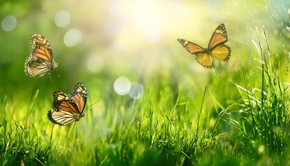 Natural green background of young juicy grass in sunlight with beautiful bokeh. Lush grass macro and two flying butterflies in nature outdoors, wide format with copy space.