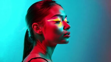 Aufkleber - A model showcases striking neon makeup and bold eyeliner while posing against a colorful backdrop in a studio setting.