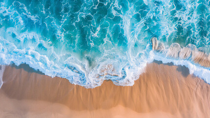 Aerial view of turquoise blue seascape beach waves background. Outdoor beach water background 