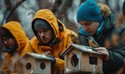 Wall Mural - Volunteers building birdhouses to support local avian populations