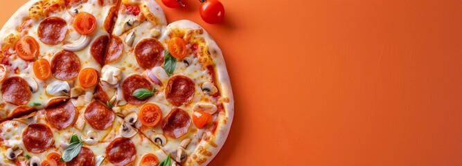 Wall Mural - Heart-Shaped Pepperoni Pizza With Fresh Basil and Cherry Tomatoes on Orange Background