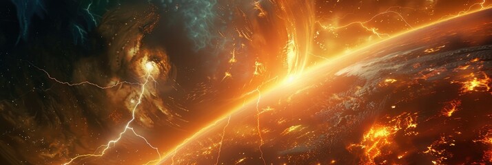 Wall Mural - Flaming and Lightning Filled Space Planet