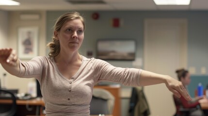 Employee Wellness: Woman Practicing Self-Defense with Instructor in Modern Office Setting