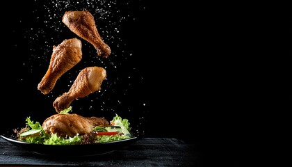 Wall Mural - Crispy fried chicken drumsticks tossed in the air with salt and vegetables, showcasing their golden, crunchy texture and delicious flavor. Perfect for food lovers and those who enjoy gourmet snacks.