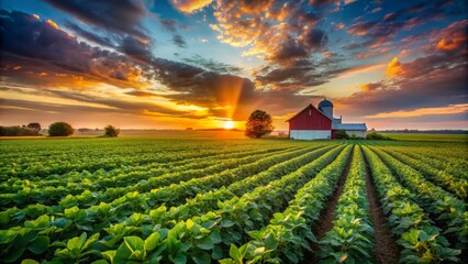 Wall Mural - Golden Hour Farm Red Barn in a Field of Green, Sunset Sky, Landscape Photography, Farmlife, Rural, Agriculture, Nature