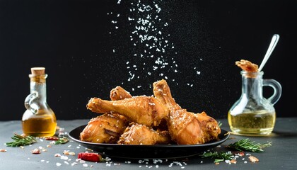 Wall Mural - Crispy fried chicken drumsticks tossed in the air with salt and vegetables, showcasing their golden, crunchy texture and delicious flavor. Perfect for food lovers and those who enjoy gourmet snacks.