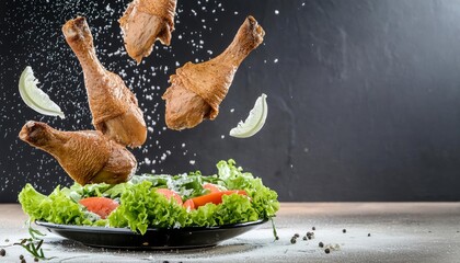 Wall Mural - Crispy fried chicken drumsticks tossed in the air with salt and vegetables, showcasing their golden, crunchy texture and delicious flavor. Perfect for food lovers and those who enjoy gourmet snacks.