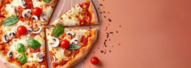 Wall Mural - Heart-Shaped Pizza With Fresh Ingredients on a Colorful Background