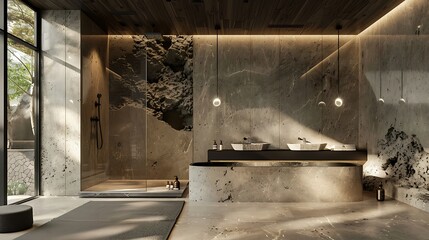 Washroom with natural stone finishes and minimalist fixtures