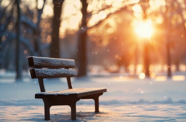 Wall Mural - Snow-Covered Park Bench at Sunset in Winter Wonderland