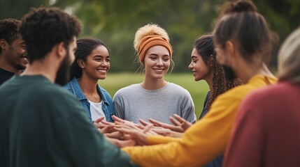 Wall Mural - Diverse group of young people standing in a circle, holding hands, and smiling outdoors