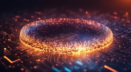 A computer chip with a glowing circle in the middle