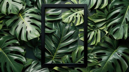 Wall Mural - Trending design template with black frame and tropical leaves on monochrome backdrop