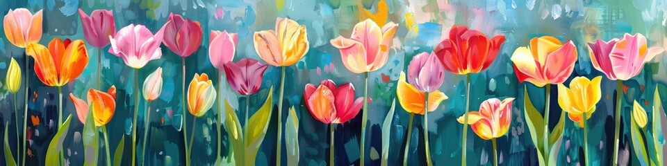 Sticker - Tulips in Soft Pastel Hues Blooming in a Spring Garden