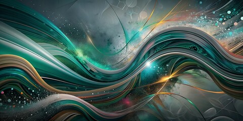 Wall Mural - Abstract background for the desktop, waves, lines, green yellow tones illustration, art surrealism