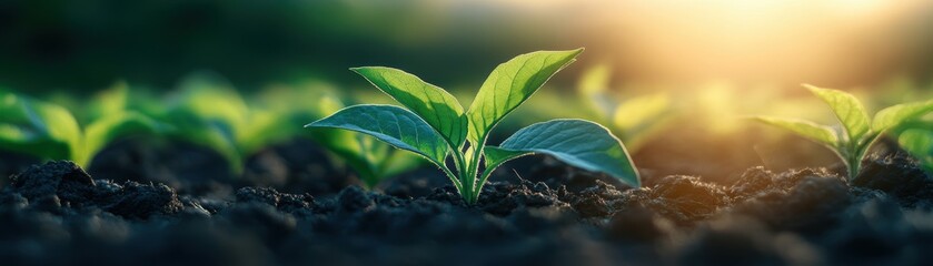 A close-up view of young green plants emerging from dark soil, illuminated by soft sunlight, symbolizing growth and new beginnings in a garden or agricultural setting