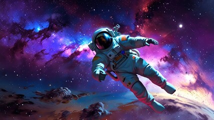 Wall Mural - An astronaut walks through the vast expanse of space, the colorful nebula swirling around them.