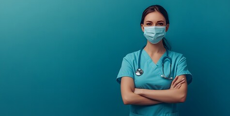 A portrait of an attractive female nurse wearing blue scrubs and a medical mask standing with her arms crossed on a solid color background, banner for a website, copy space concept