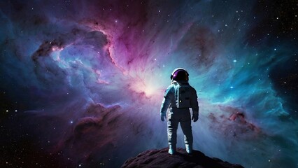Wall Mural - An astronaut walks through the vast expanse of space, the colorful nebula swirling around them.