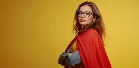 Photo of young woman in glasses and red cape posing like superhero on yellow background with copy space