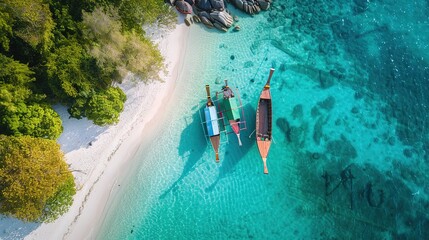 top view or aerial view of beautiful crystal clear water and white beach with long tail boats in sum