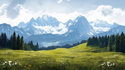 Wall Mural - Majestic Mountain Range with Green Meadow