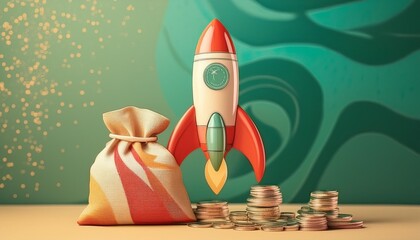 rocket take-off and bag of money on green background, startup concept, 3D illustration