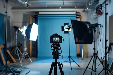 Professional camera on a tripod in a photo studio with lighting equipment.