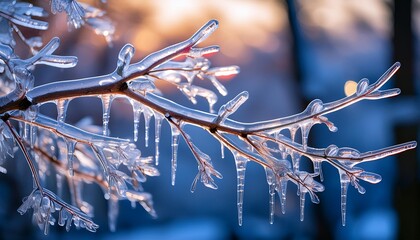 Tree branches covered with ice in winter