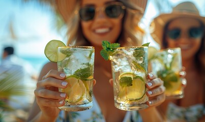 Happy young people are toasting mojitos at a beach cocktail bar, enjoying happy hour and the youthful energy of summer at an open-air pub.