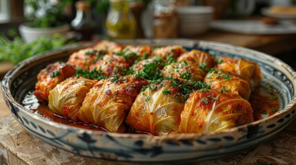 Wall Mural - Delicious stuffed cabbage rolls in traditional dish - generative ai