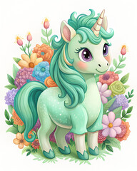 Cute green cartoon unicorn with flowers on white background.