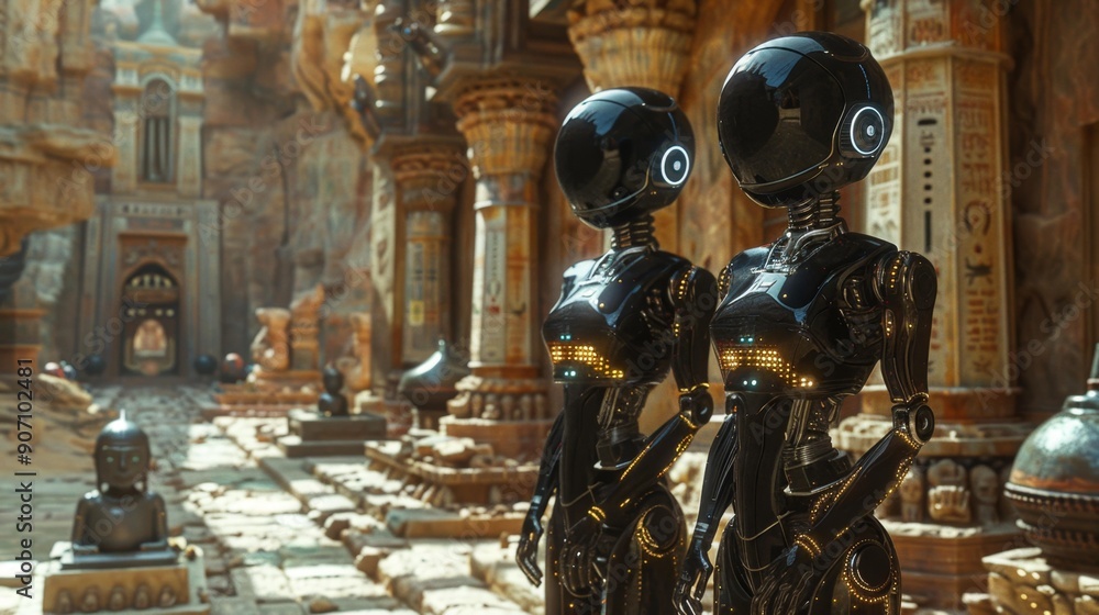 Futuristic robots in ancient temple - generative ai Stock Photo | Adobe ...