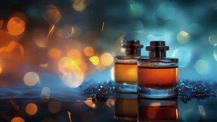 Wall Mural - Two elegant fragrance bottles reflect glowing lights, creating a mesmerizing display of colors and textures that enhance their beauty and allure