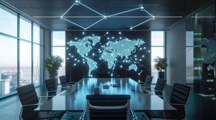 Wall Mural - Modern Meeting Room with Abstract Virtual World Map Background. generative AI image