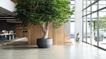 Sticker - Modern office space with a large potted tree near the entrance, creating a welcoming atmosphere